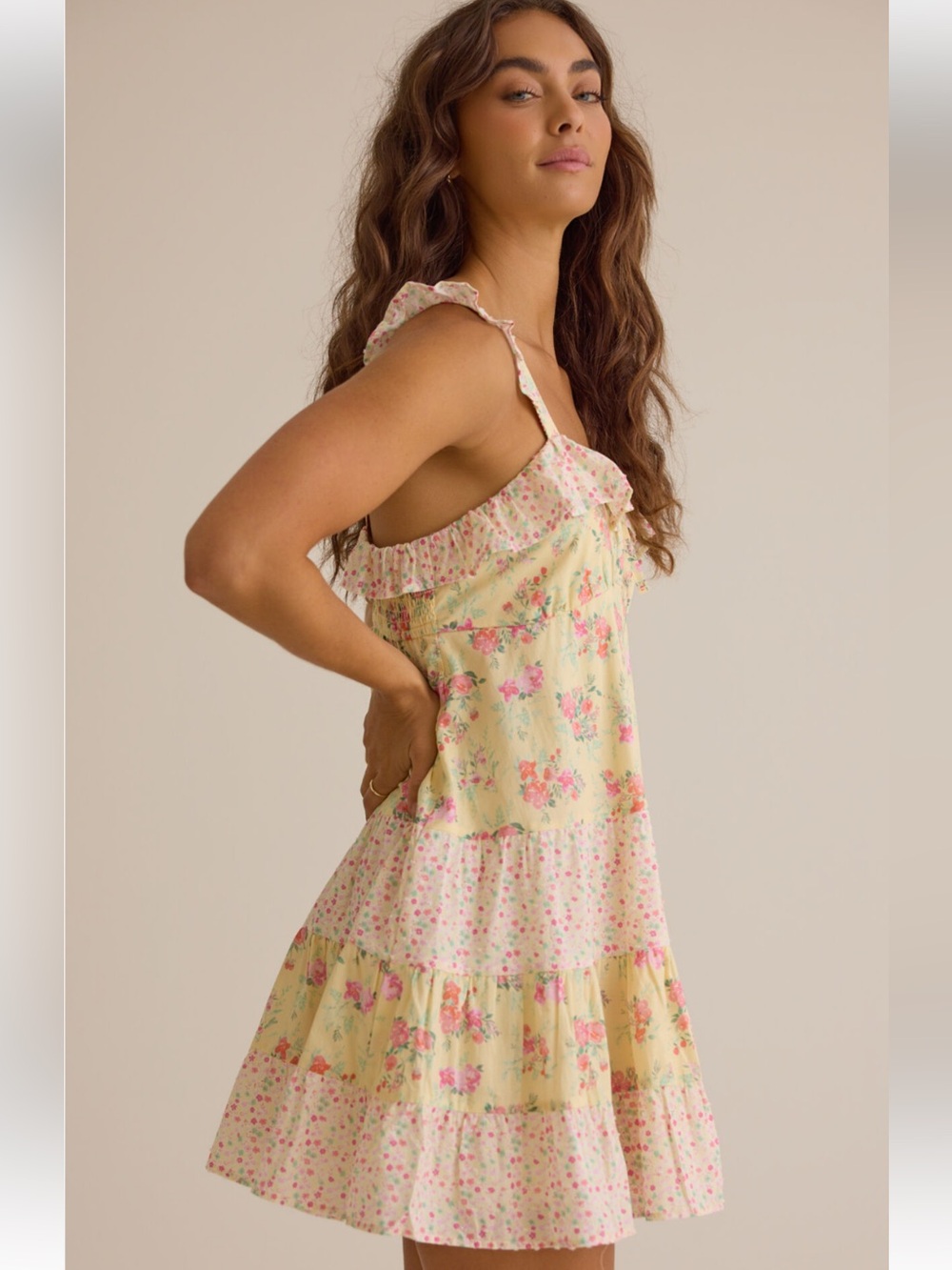 Altar'd State Yellow Floral Ruffled Tiered Slip Dress